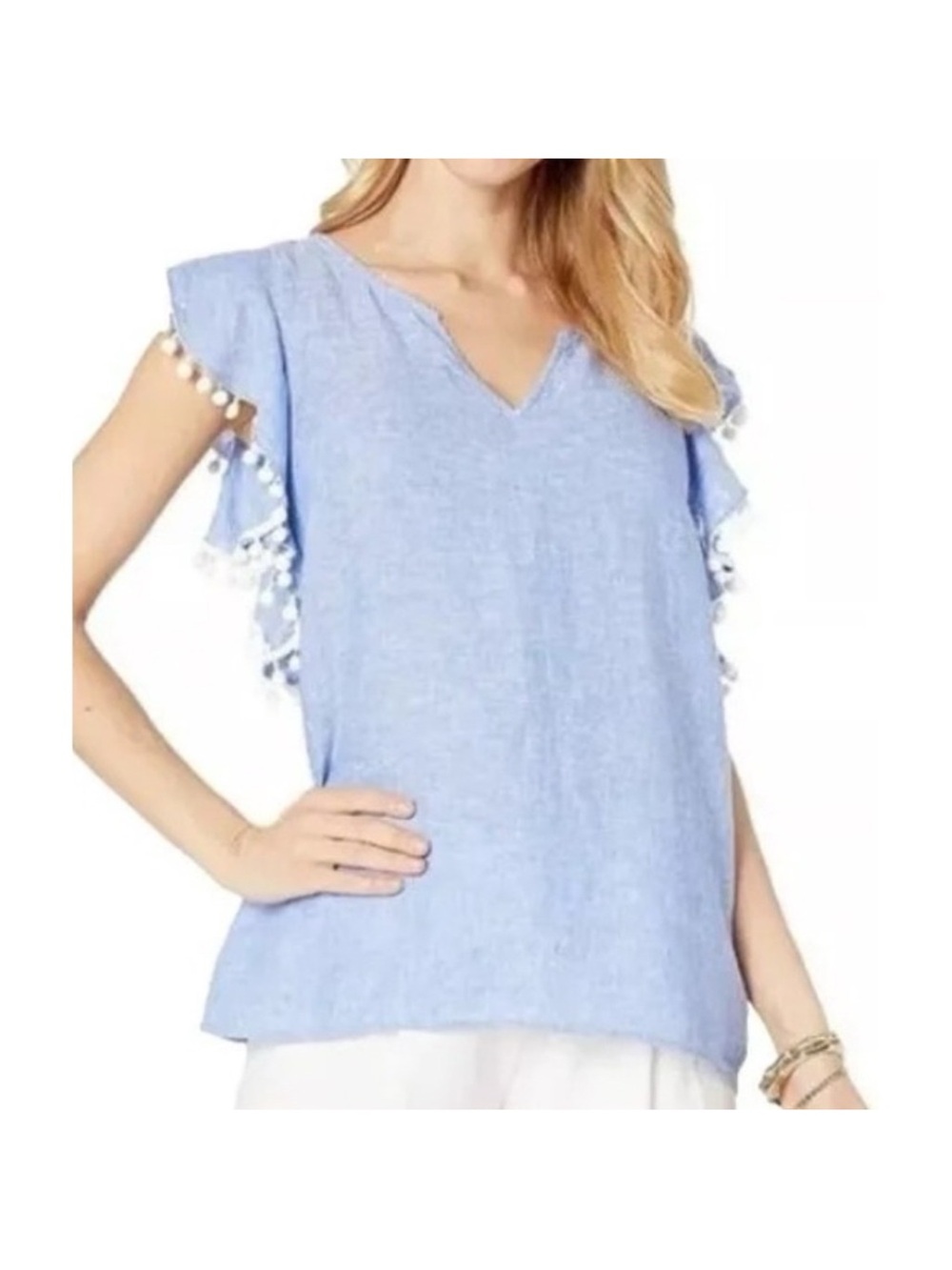 Lilly Pulitzer Astara Linen Pom-Pom Flutter Sleeve Top